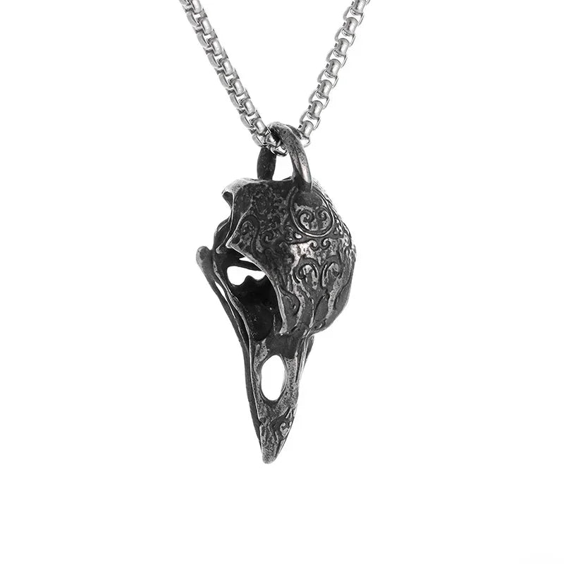 Retro Nordic Crow Skull Pendant Necklace for Men - Animal Bird Jewelry Gift