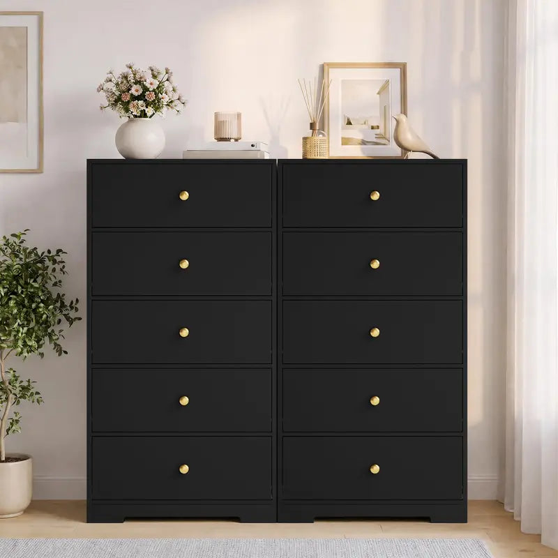5-Drawer Tall Storage Cabinet for Living Room & Bedroom with Gold Handles