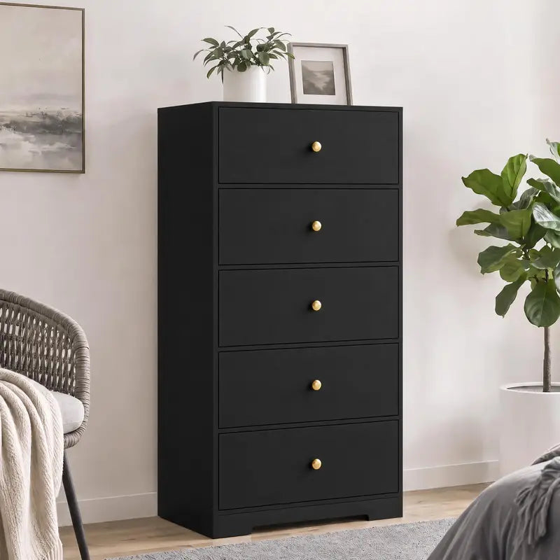 5-Drawer Tall Storage Cabinet for Living Room & Bedroom with Gold Handles