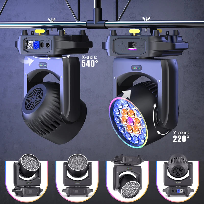 220W RGBW LED Moving Head Stage Lights with Zoom & Light Strip for DJ KTV Party