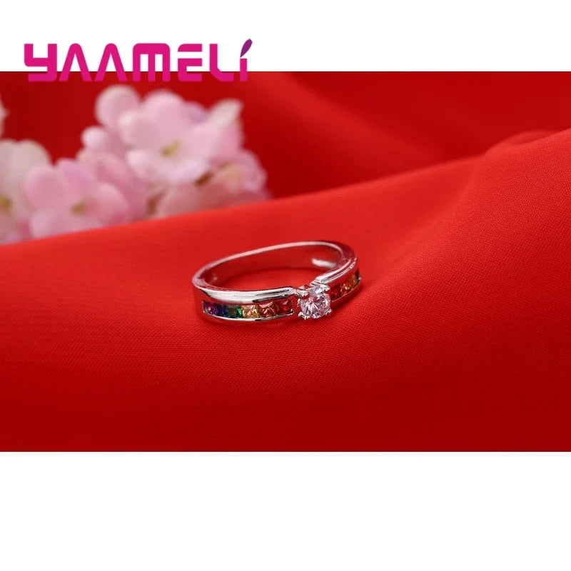 Rainbow Cubic Zircon Rings for Women Wedding Engagement Jewelry US Sizes 6-10