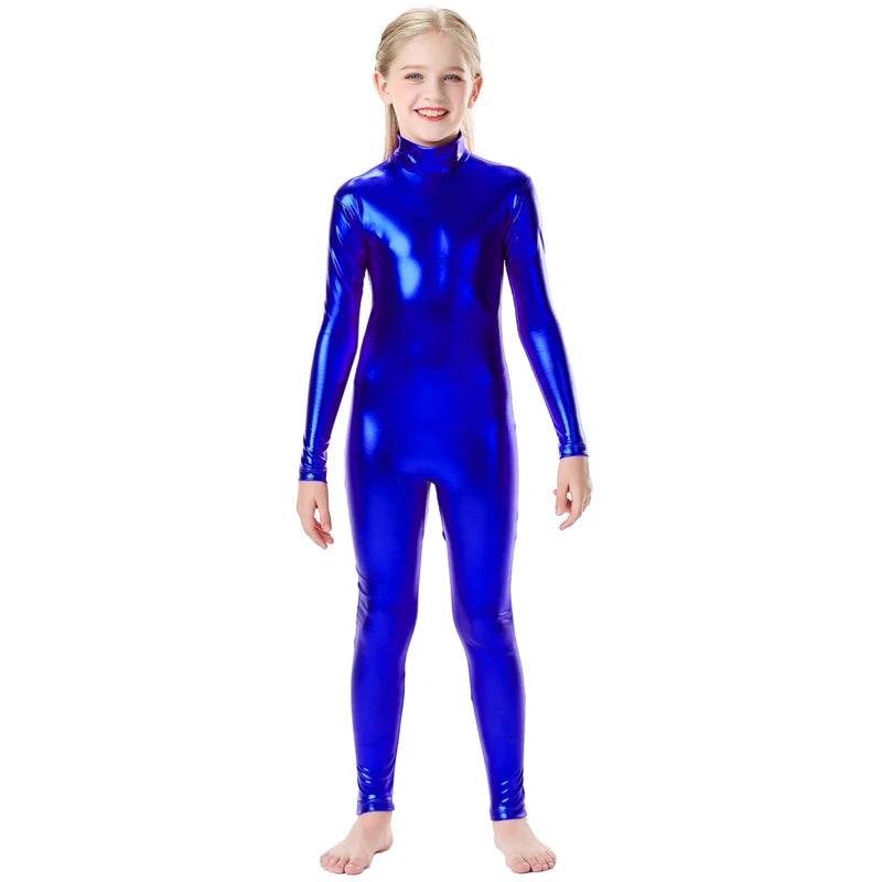 Kids Metallic Long Sleeve Unitard for Dance and Costume Performances