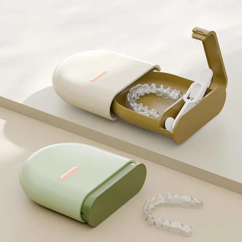 Portable Orthodontic Retainer Case with Cleaning Tool - Denture Mouth Guard Storage