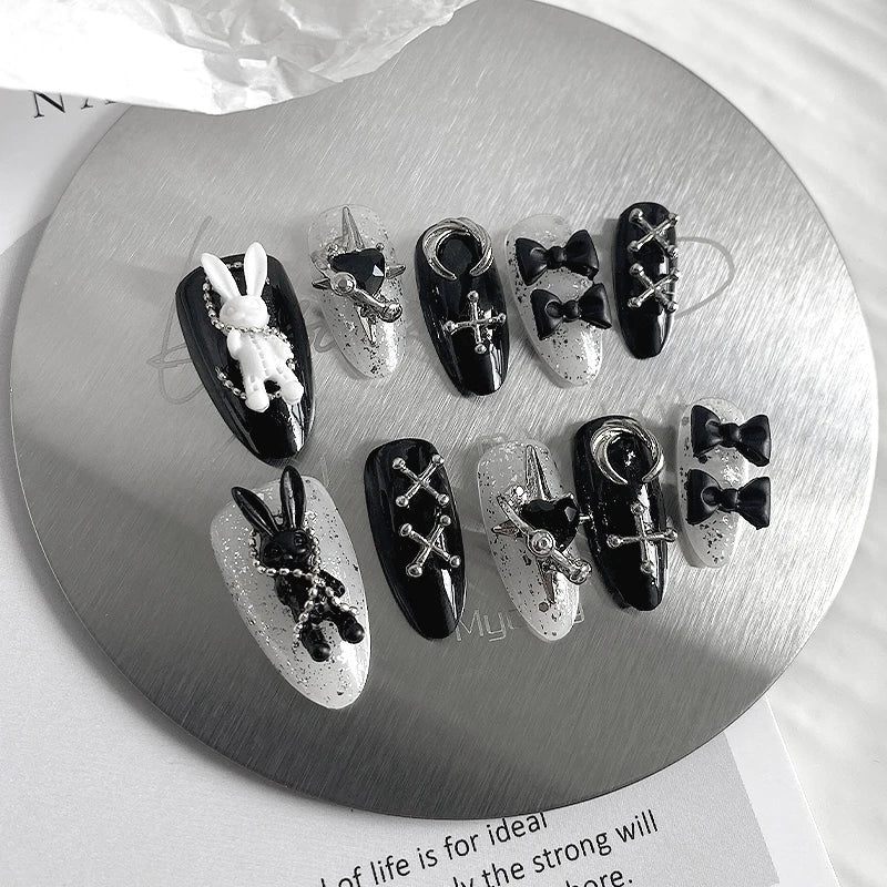 10pcs Handmade Almond Shaped Fake Nails with Halloween Bunny Design – Multiple Colors