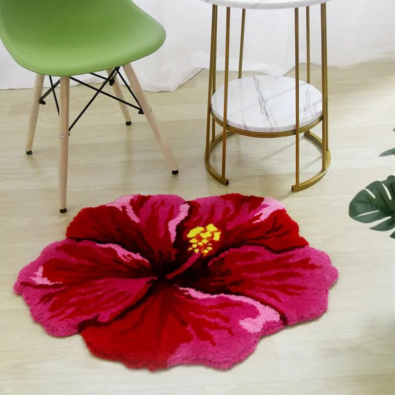 Red Hibiscus Plush Tufted Carpet Floor Mat - Bathroom, Living Room & Bedroom Decor