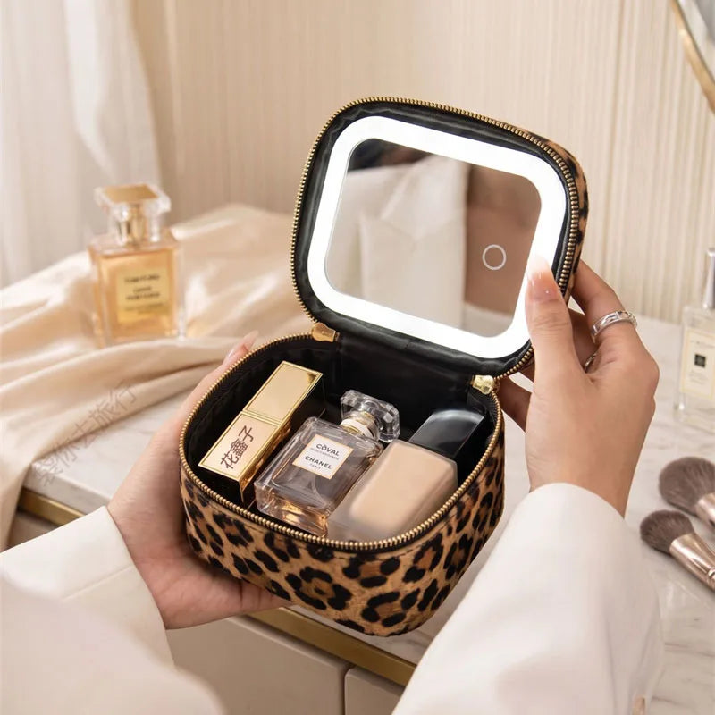 Portable LED Makeup Storage Bag with Mirror Rechargeable Cosmetic Organizer