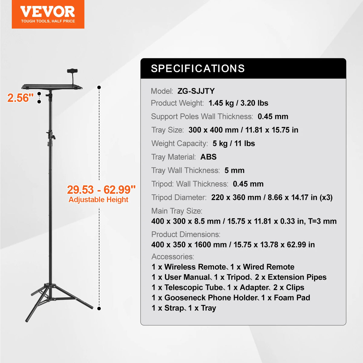 Portable Adjustable Projector Tripod Stand with Tray & Phone Holder