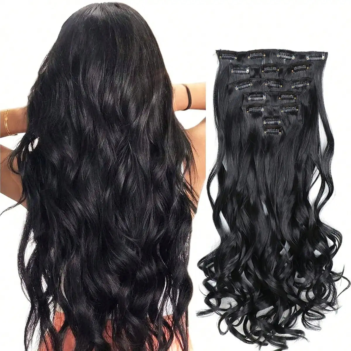 Clip In Hair Extensions 7 Pieces Full Head 22 Inch Curly Wavy Synthetic Hair for Women and Girls