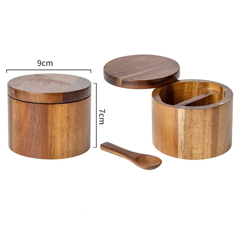 Acacia Wood Salt and Pepper Bowl Set with 360° Swivel Lid and Spoon - Kitchen Seasoning Container