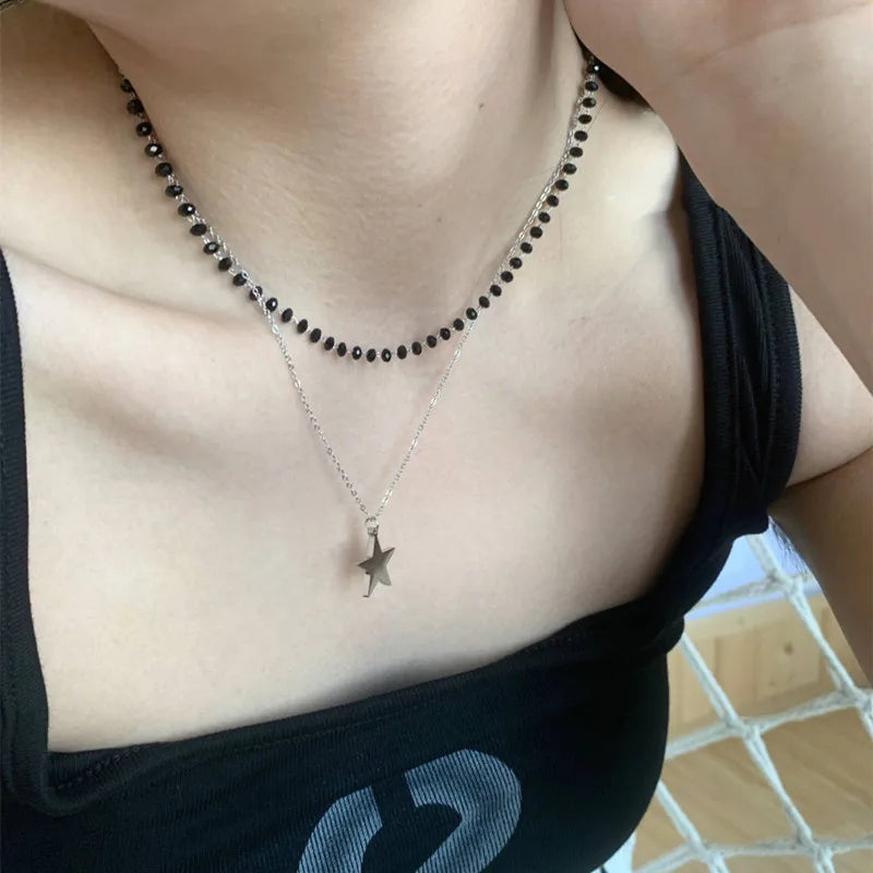 Kpop Goth Vintage Y2K Star Pendant Beaded Chain Necklace for Women & Men