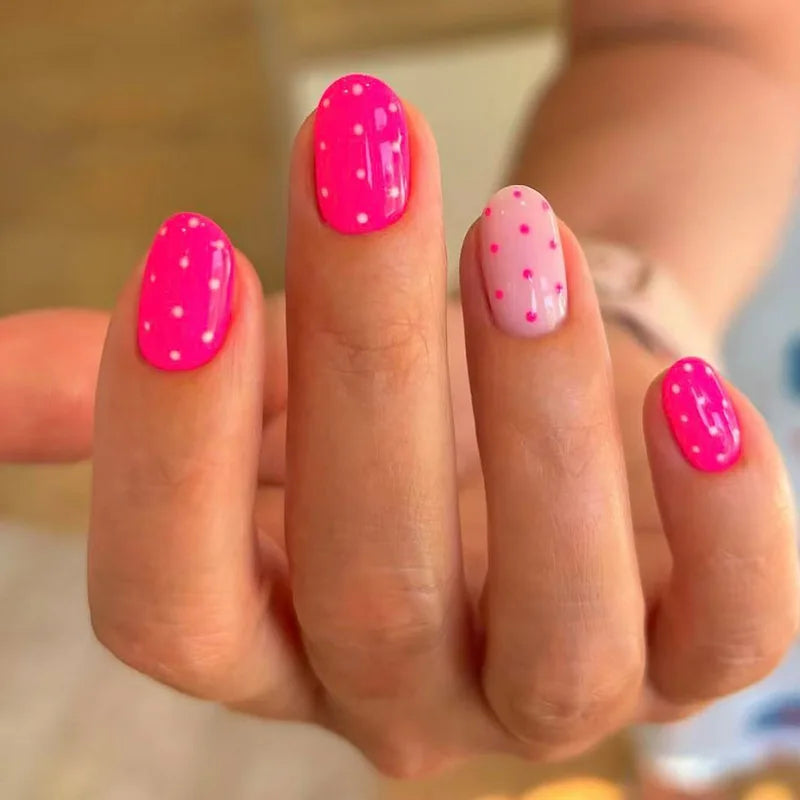 24Pcs Short Almond Fake Nail Set with French Tips & Polka Dots - Full Nude Colors