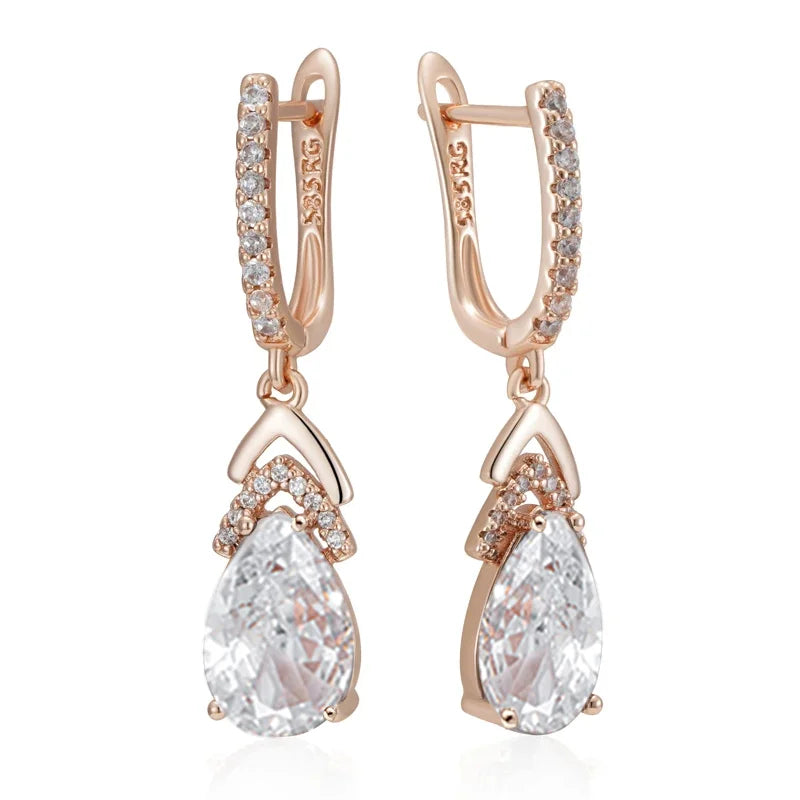 Elegant Long Drop Earrings with Zircon Stones in Rose Gold - Wedding & Bridal Jewelry