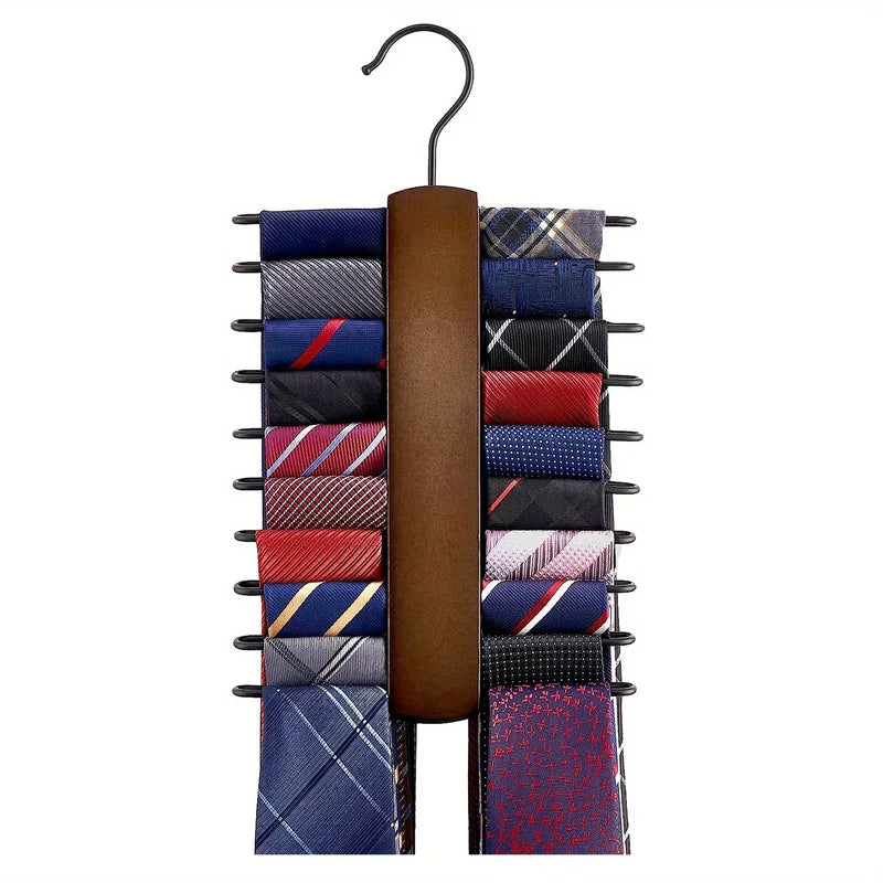 Wooden Tie Storage Rack with 360° Rotation and Anti-Slip Grooves - Space-Saving Closet Organizer