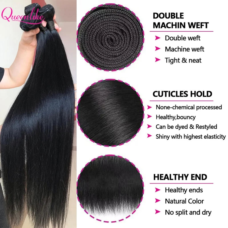 Human Hair Bundles with Closure 20 Inch Straight 100% Raw Hair Extensions