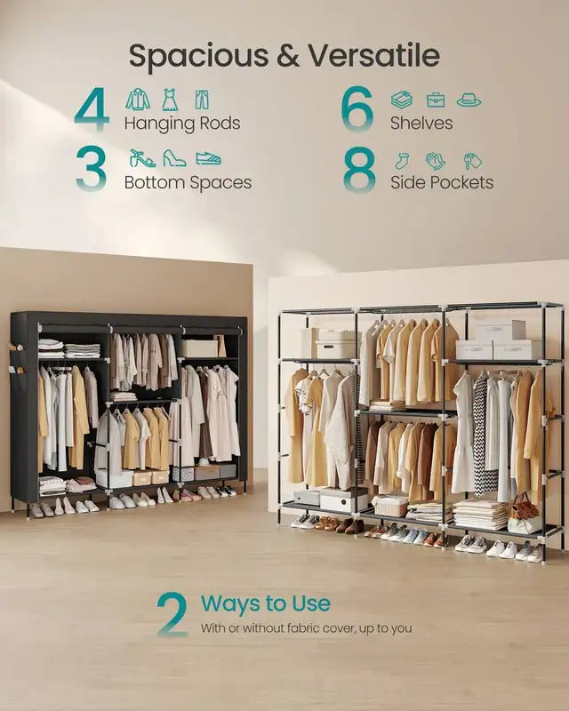 Portable Fabric Wardrobe Closet with Shelves & 4 Hanging Rods - Large Capacity