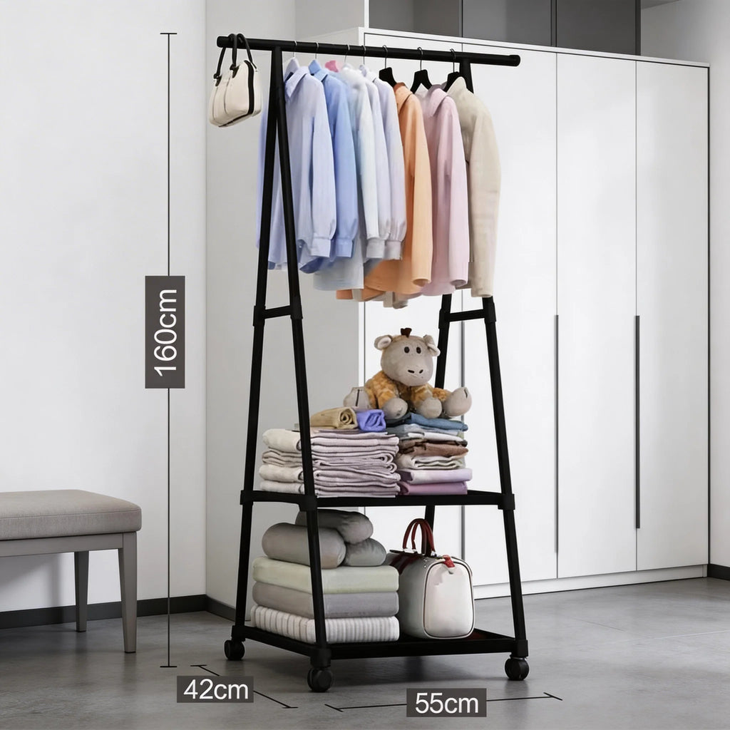 Multifunctional Movable Coat Rack Stand with Shelves Space-Saving Clothes Organizer