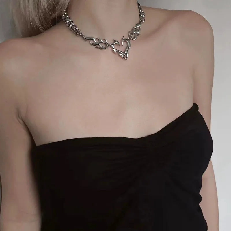 Y2K Punk Silver Hollow Flame Heart Pendant Jewelry for Women