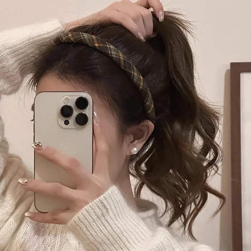 Elegant Plaid Bezel Hairband for Women Retro Headband Girls Vintage Hair Accessories