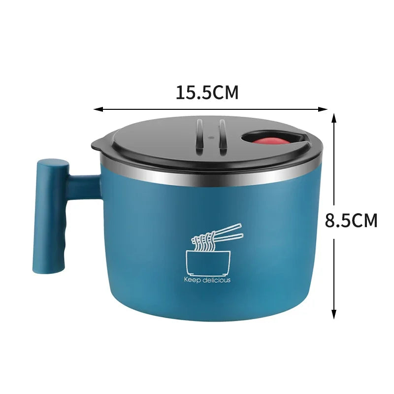 Stainless Steel Instant Noodle Bowl with Lid & Handle - 1000mL, Sealed & Portable Kitchen Drain Bowl