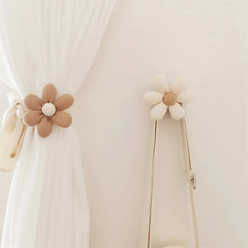 Wooden Wall Hook with Cloth Flower Decoration for Nursery & Kids Room Storage