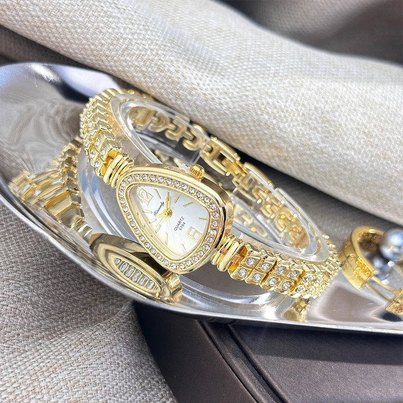 Luxury Women's Diamond-Set Snakehead Quartz Watch Alloy Case Bracelet - Multiple Colors