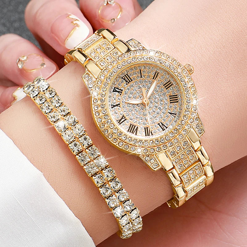 Women's Fashion Diamond Quartz Watch with Steel Band and Bracelet Set