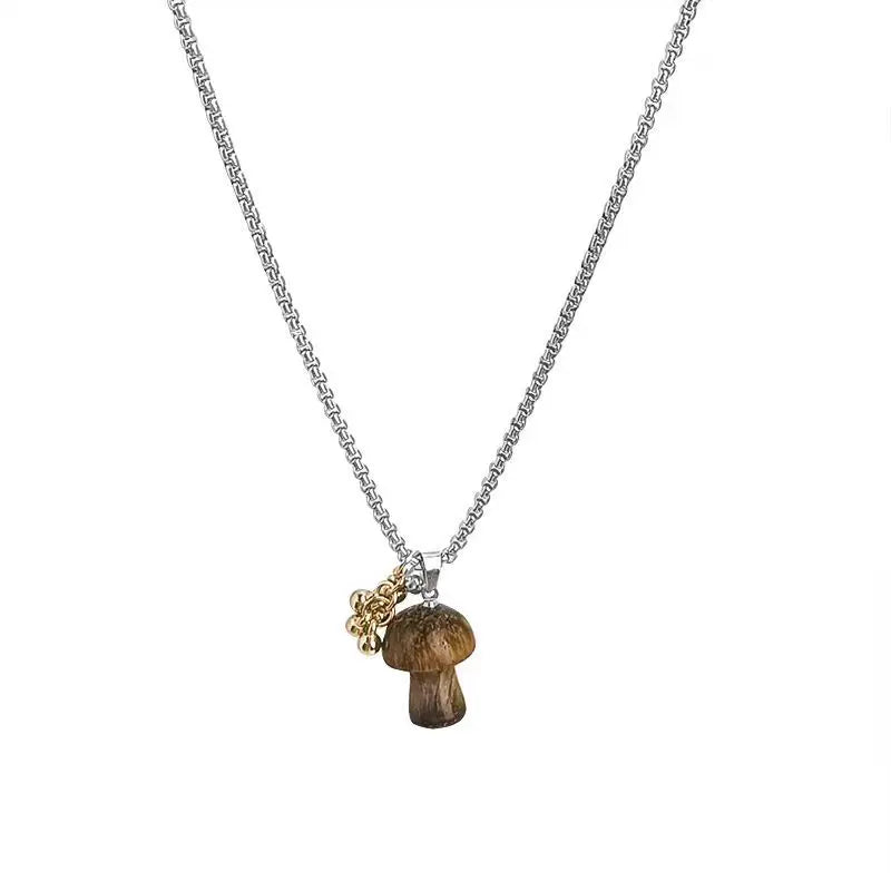 Spotted Tiger Eye Stone Mushroom Pendant Necklace with Versatile Chain for Women