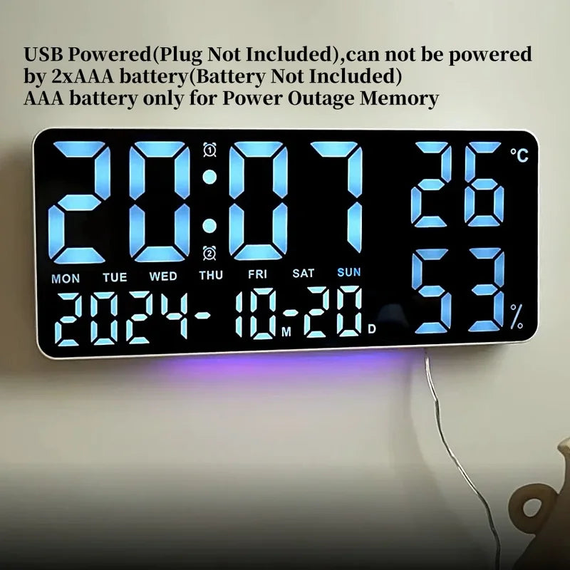 Digital Wall Clock with 7-Color Mood Light, Dual Alarm, Temperature & Humidity Display
