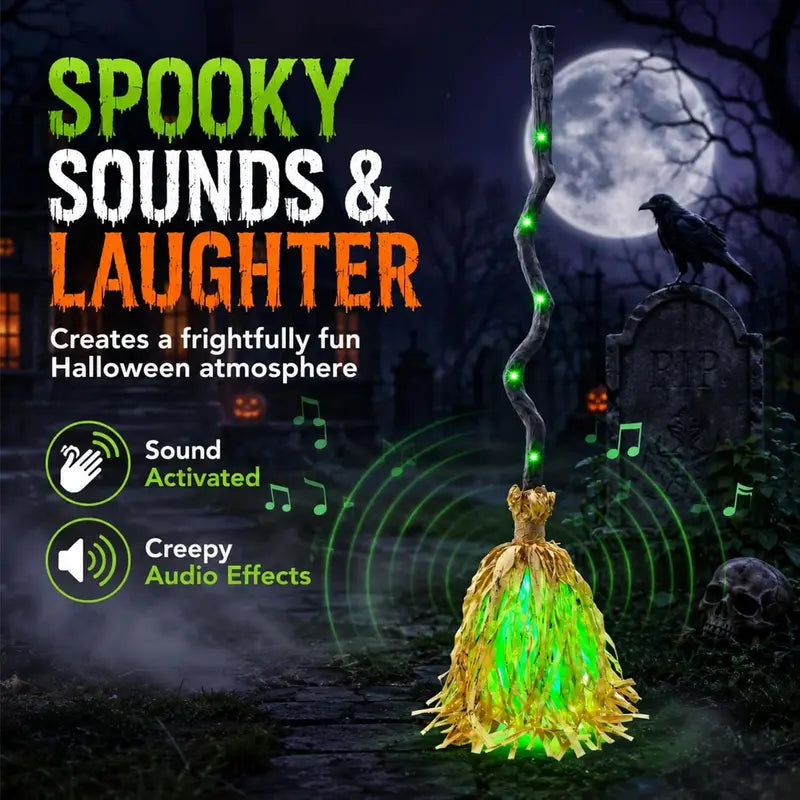 Halloween Animated Witch Broom with Sound & Green Lights - Indoor Decoration Set