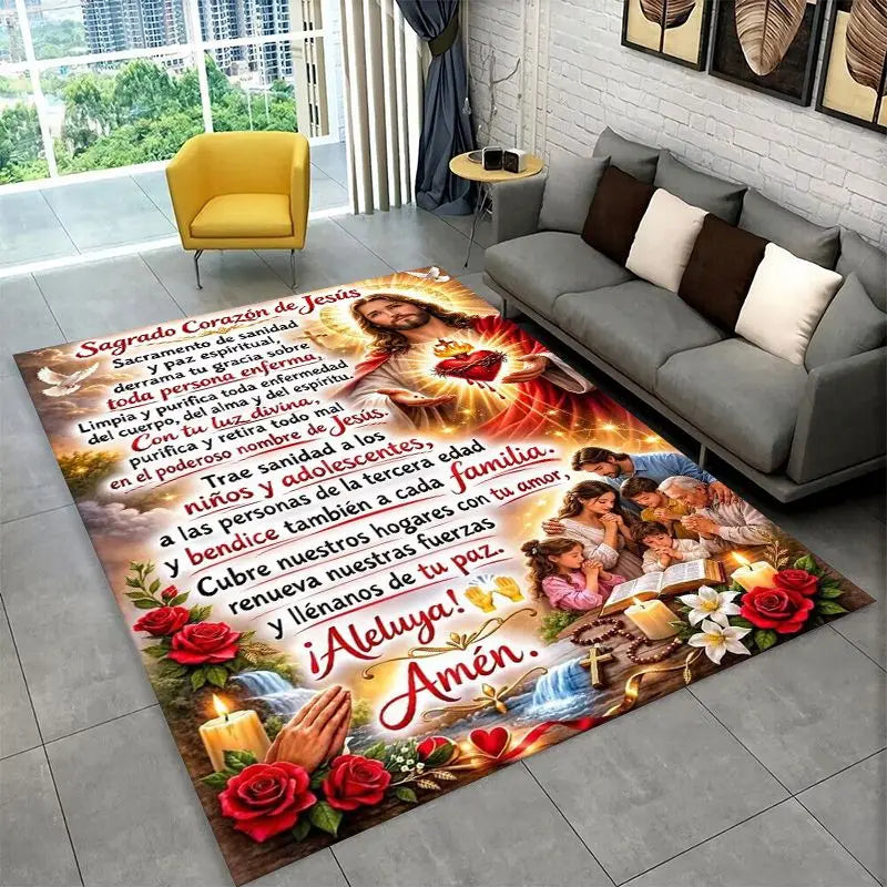 Large Area Rug with Virgin Mary Prayer Non-slip Durable Floor Carpet for Living Room or Bedroom