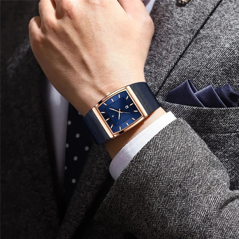 Luxury Square Quartz Wristwatch for Men - Rose Gold Automatic Blue Dial