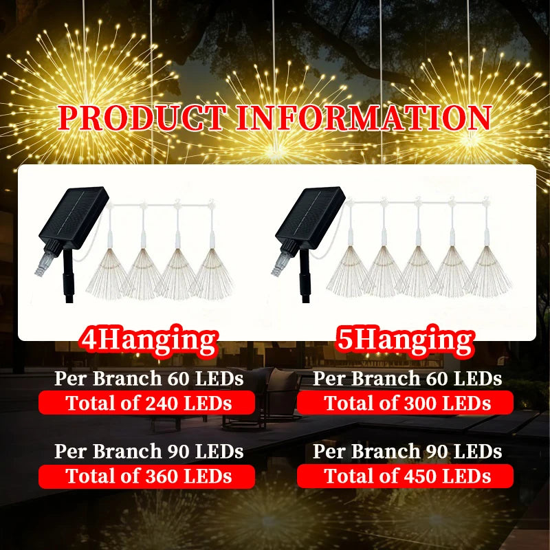 Hanging Solar Firework String Lights Outdoor Garden Yard Decor 8 Modes