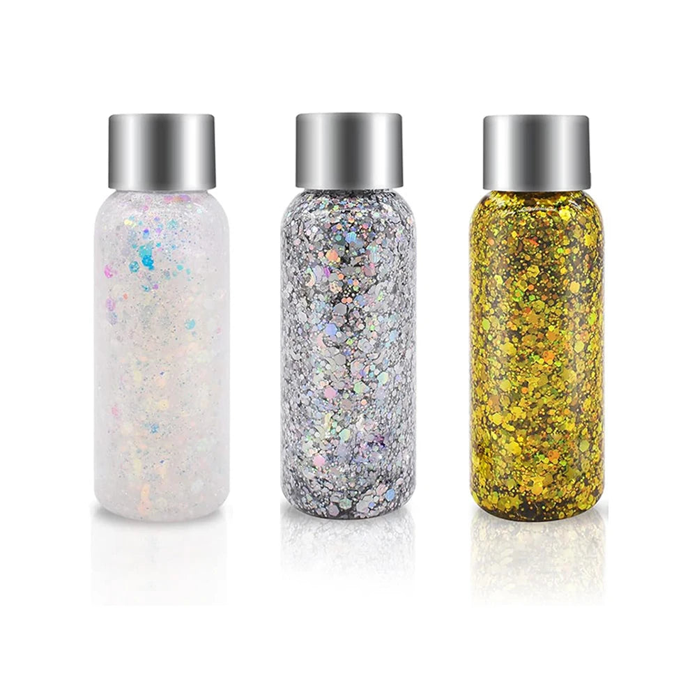 Glitter Body & Face Gel Set - 3 Bottles Sparkling Liquid Makeup for Festival & Party