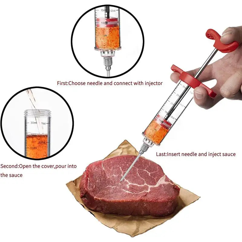 Meat Injector Syringe Kit with 3 Stainless Steel Marinade Needles for BBQ, Turkey, Chicken