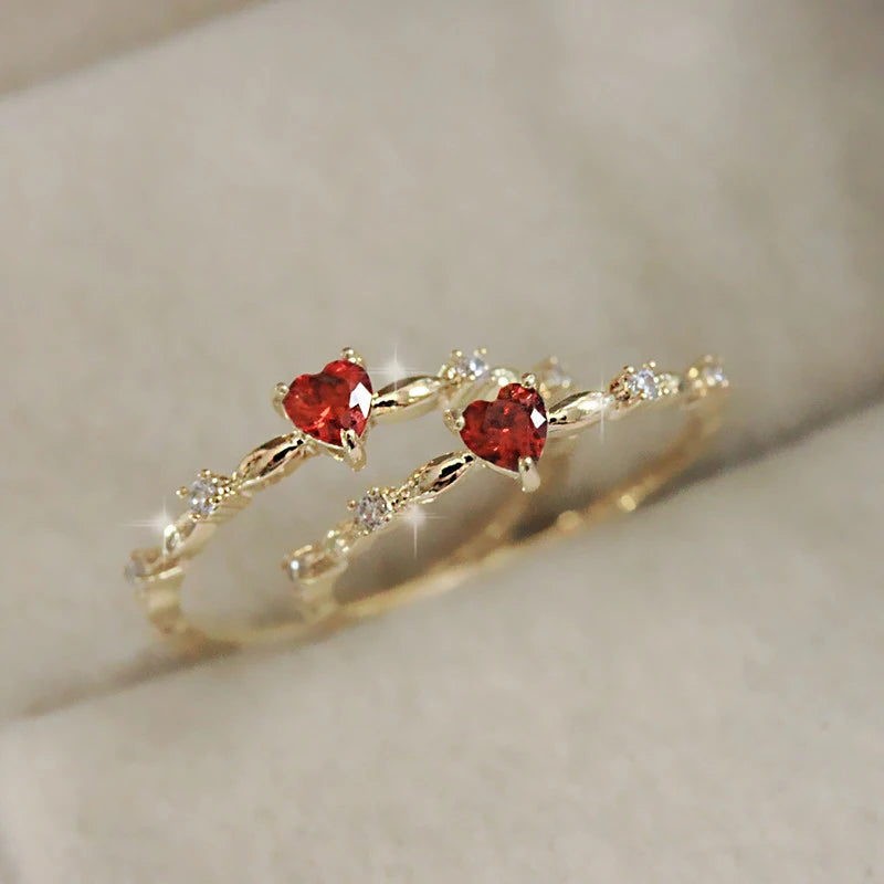 Red Love CZ Engagement Ring for Women Thin Band Aesthetic Jewelry Gift