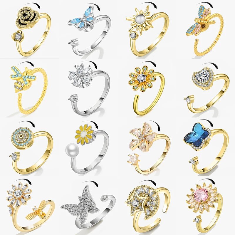 Adjustable Fidget Spinner Ring for Anxiety Relief Women Jewelry Crystal Flower Butterfly Animal Design