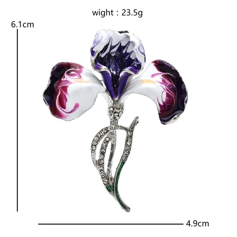 Enamel Orchid Flower Brooch for Women - Rhinestone Elegant Plant Pin Jewelry