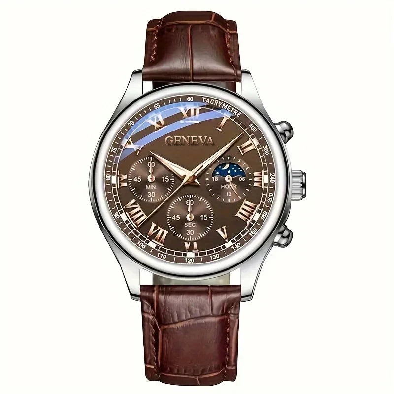Men's Business Leather Strap Watch - Round Dial Quartz Wristwatch, Water-Resistant