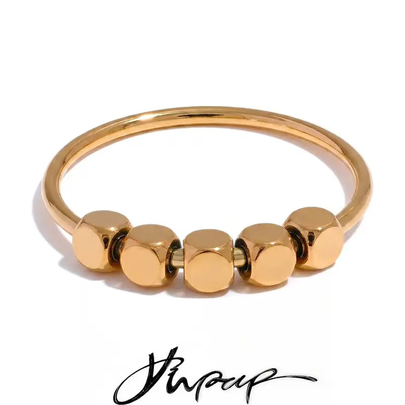 Stainless Steel Square Beaded Ring for Women - Gold Silver Color Jewelry