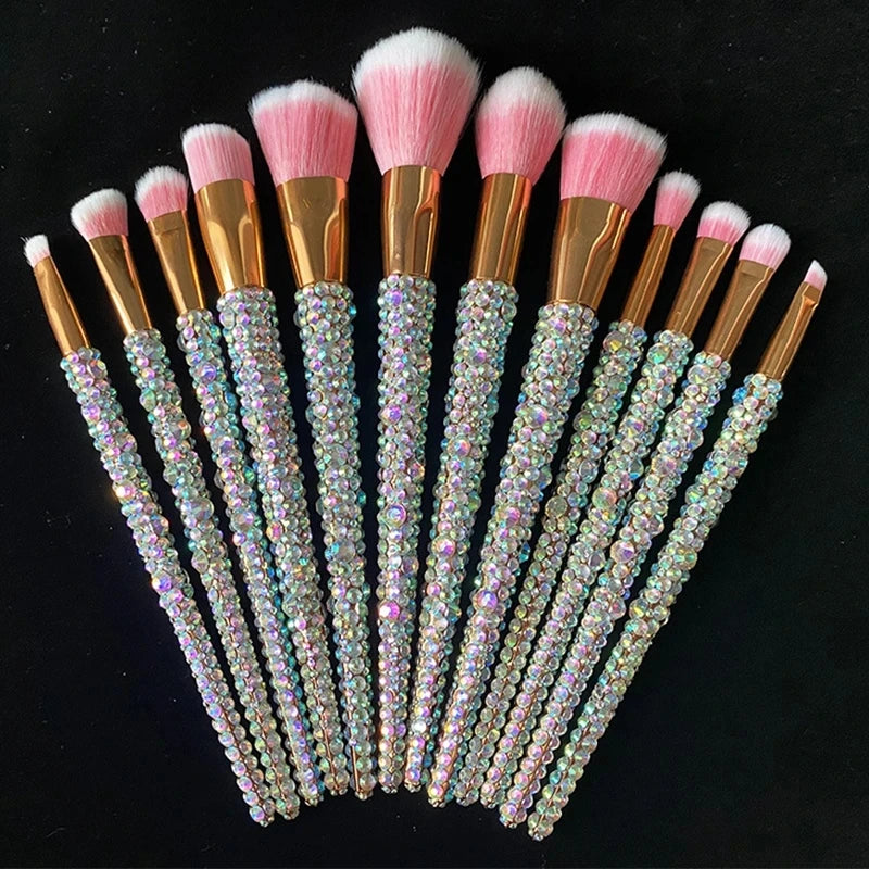 Diamond-Studded Makeup Brushes 12-Piece Set Garnished with Gems for Foundation Concealer