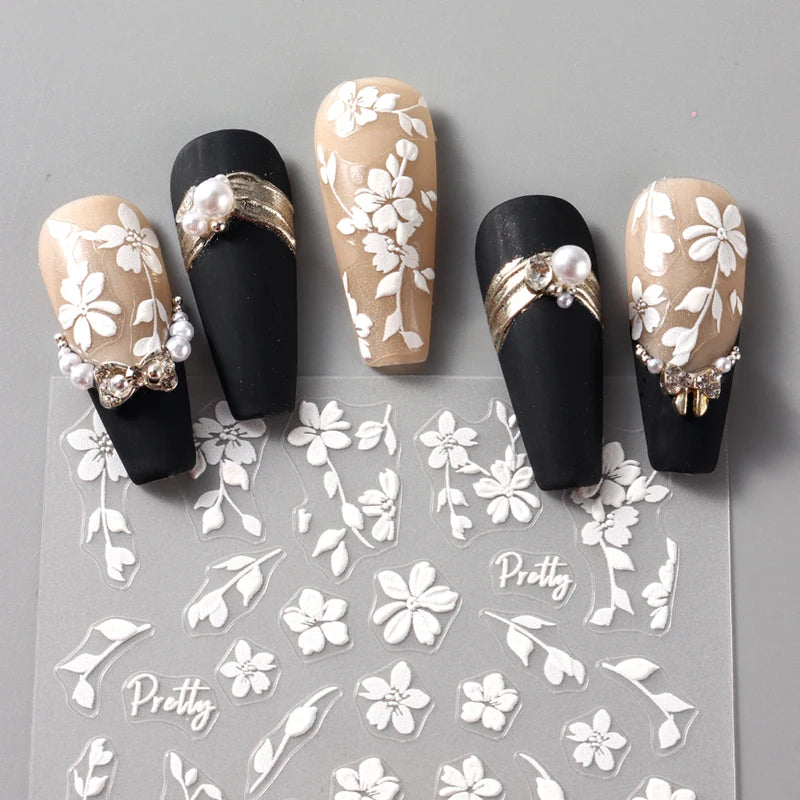 2pcs White 3D Flower Nail Art Stickers Sakura Blooming Floral Self-Adhesive Decor