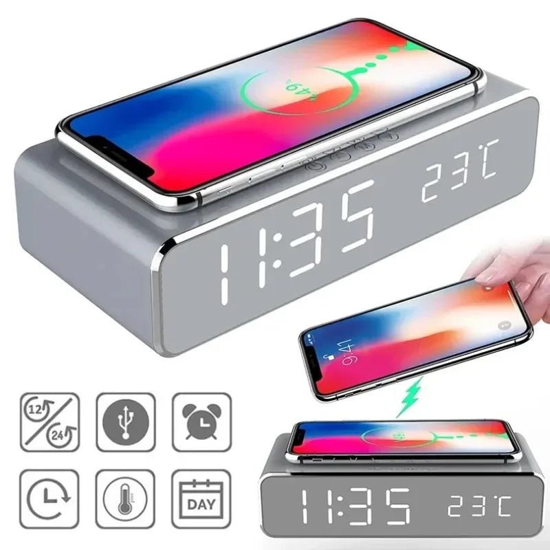 Wireless Charging Alarm Clock with Digital Thermometer & Time Display