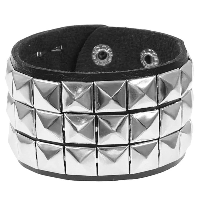 Adjustable Goth Leather Wristband with Spiked Rivet Buckle for Men Women