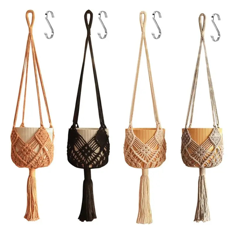Boho Cotton Rope Plant Hanger with Net Pouch for Indoor Outdoor Gardens