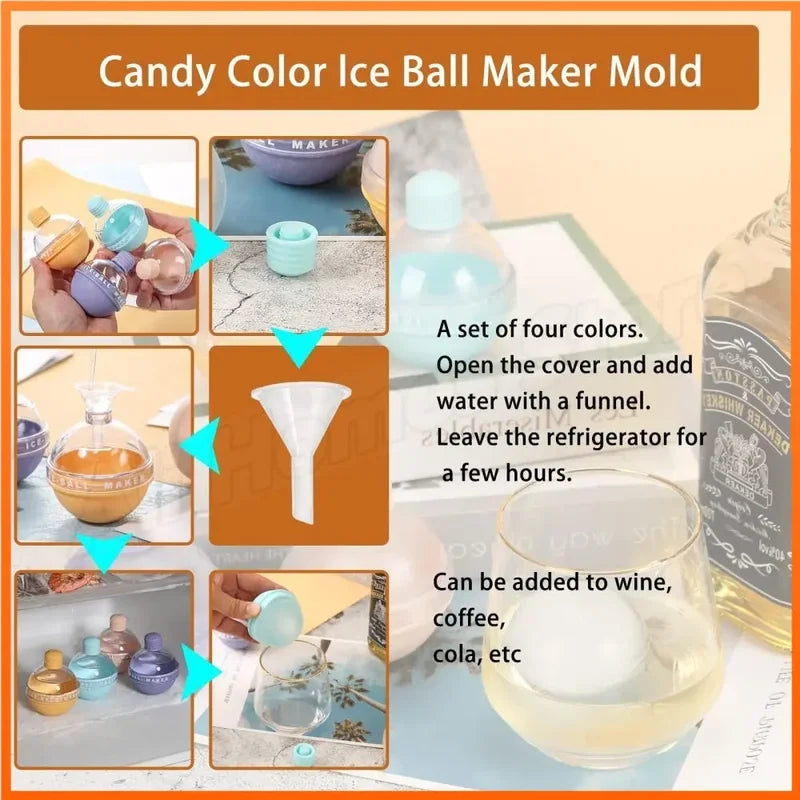4Pcs Large Silicone Ice Ball Molds - Reusable Whiskey & Beverage Ice Maker Set
