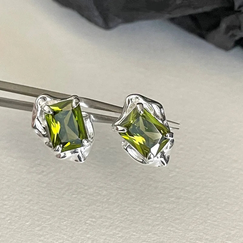 Sterling Silver Stud Earrings with Green Square Crystal & Lava Design for Women Girls