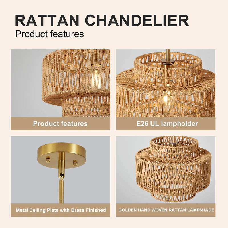 13 Inch Boho Rattan Pendant Light Chandelier for Living Room and Kitchen