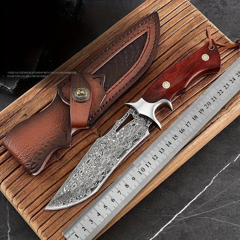 Damascus Fixed Blade Knife with Wooden Handle and Leather Scabbard - Easy Carry, Fast Cutting