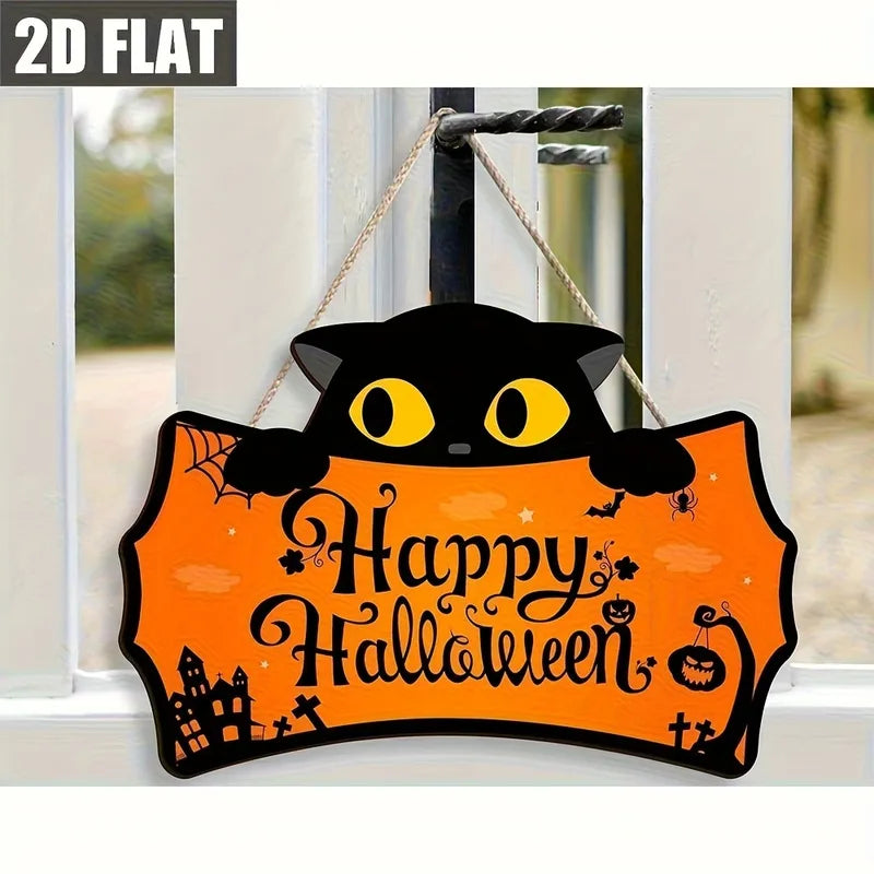 Halloween Wooden Hanging Sign Black Cat Pumpkin Bat Spider Door Decor for Porch