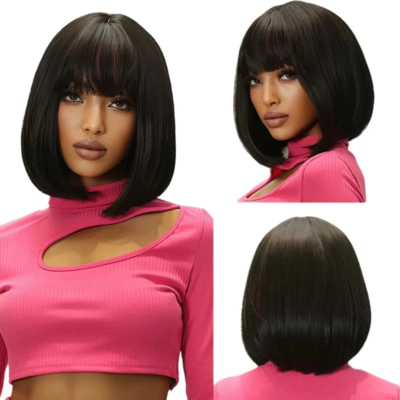 Short Bob Wig for Women - 12 Inch Synthetic Hair with Bangs, Natural Look, Halloween & Costume Hair